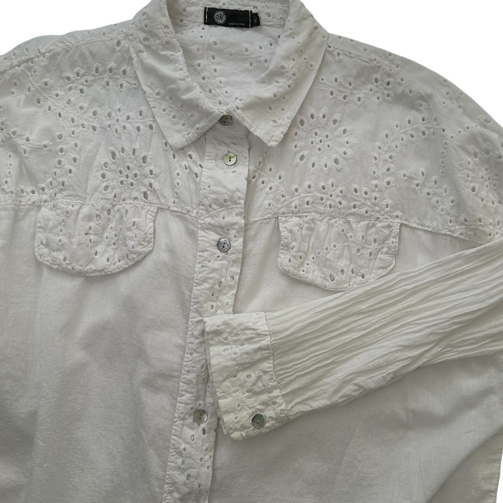 M‎ Made in Italy Eyelet Cotton Shirt Womens XL White Floral Boho Button Down XL
